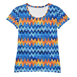 Stretchy athletic t-shirt with retro blue orange waves - breathable, fluid design made for movement and active flow