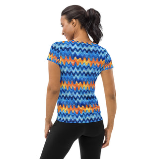 retro blue orange waves stretchy yoga tee - breathable activewear for running, training, or Pilates flow