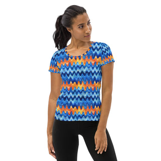 retro blue orange waves athletic t shirt - moisture-wicking, stretchy fit for yoga, training, and movement