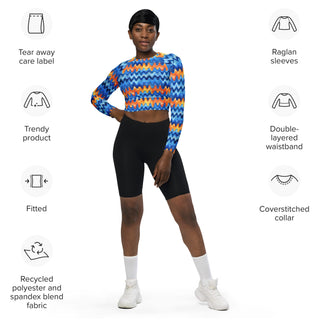 Athletic crop top with retro blue orange waves - sleek fit with stretch and airflow for workouts and dynamic movement