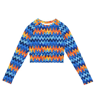 Stretchy crop top for yoga practice and flow - breathable fit with bold retro blue orange waves for mindful movement