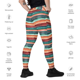 Leggings which shape, stretch, breathe - teal terracotta stripes with side pockets, crossover fit, and UPF 50+