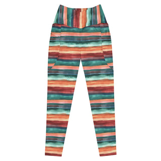 teal terracotta stripes crossover high-waist leggings- vibrant, stretchy, and built for bold motion and flexible comfort
