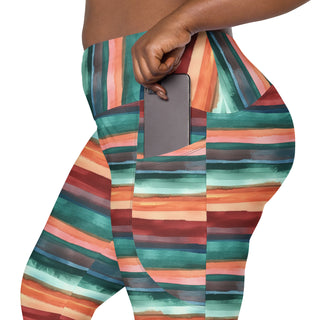 teal-terracotta stripes crossover leggings - stretchy and built for bold motion, flexible flow, and fierce energy
