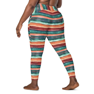Crossover leggings built for gym sets and running stride - styled with bold teal-terracotta stripes for powered energy