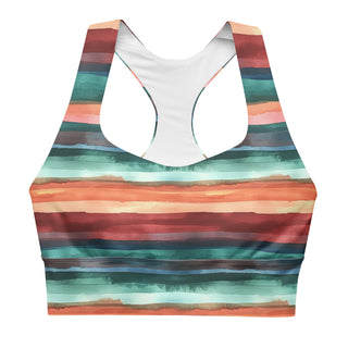 Supportive sports bra with soft fabric - teal terracotta stripes print, made for comfort, movement, and bold energy