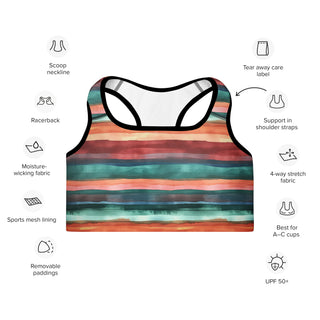 teal-terracotta stripes scoop-neck sports bra - moisture-wicking, lined, and padded for soft racerback support