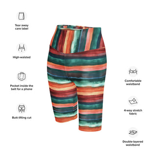 Athletic shorts with teal-terracotta stripes - sleek fit with stretch for workouts and dynamic movement