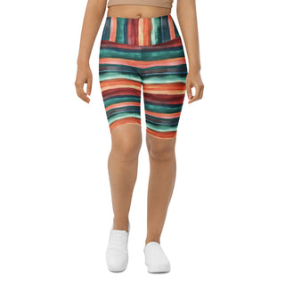 teal-terracotta stripes yoga shorts - bold, stretchy design built for deep yoga squats, flexible flow, and control