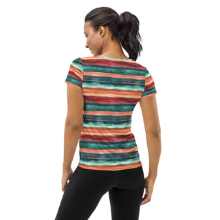 teal-terracotta stripes stretchy yoga tee - breathable activewear for running, training, or Pilates flow