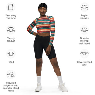 Athletic crop top with teal-terracotta stripes - sleek fit with stretch and airflow for workouts and dynamic movement