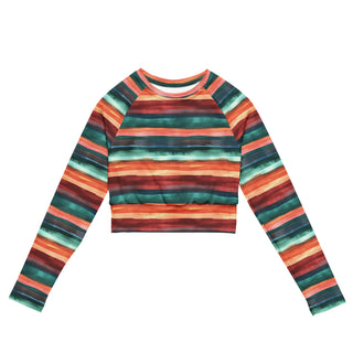 Stretchy crop top for yoga practice and flow - breathable fit with bold teal-terracotta stripes for mindful movement