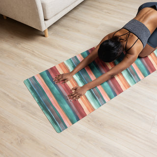 Yoga mat with teal-terracotta stripes pattern - cushioned, tactile, and made for smooth, comfortable movement