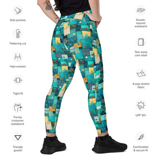 Leggings which shape, stretch, breathe - teal turquoise squares with side pockets, crossover fit, and UPF 50+