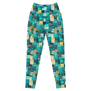 teal turquoise squares crossover high-waist leggings- vibrant, stretchy, and built for bold motion and flexible comfort