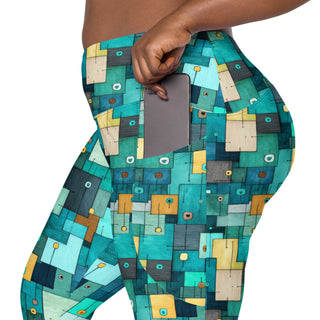 teal-turquoise squares crossover leggings - stretchy and built for bold motion, flexible flow, and fierce energy