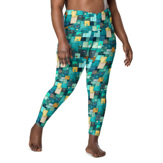 Stretchy crossover leggings for fluid yoga flow, balance, and breathe - styled in bold teal-turquoise squares