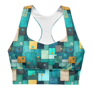 Supportive sports bra with soft fabric - teal turquoise squares print, made for comfort, movement, and bold energy