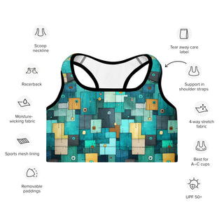 teal-turquoise squares scoop-neck sports bra - moisture-wicking, lined, and padded for soft racerback support