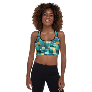 teal-turquoise squares racerback sports bra- light, stretchy, made to move with joy, strength, and upbeat energy