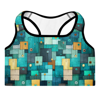 teal-turquoise squares scoop-neck sports bra - moisture-wicking, lined, and padded for soft racerback support