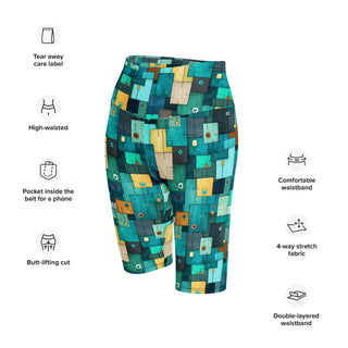 Athletic shorts with teal-turquoise squares - sleek fit with stretch for workouts and dynamic movement