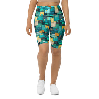 teal-turquoise squares yoga shorts - bold, stretchy design built for deep yoga squats, flexible flow, and control