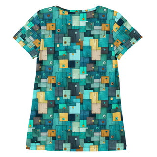 teal-turquoise squares stretch t-shirt - lightweight, flexible design for energized movement and active comfort