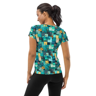 teal-turquoise squares stretchy yoga tee - breathable activewear for running, training, or Pilates flow