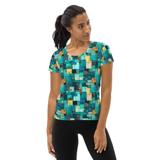 teal-turquoise squares athletic t shirt - moisture-wicking, stretchy fit for yoga, training, and movement