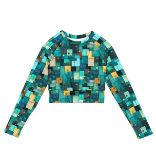 Stretchy crop top for yoga practice and flow - breathable fit with bold teal-turquoise squares for mindful movement