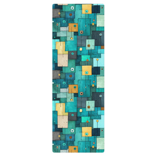 Grippy, cushioned, and lightweight - your teal-turquoise squares mat supports balance, and flowing movement