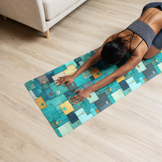 Yoga mat with teal-turquoise squares pattern - cushioned, tactile, and made for smooth, comfortable movement