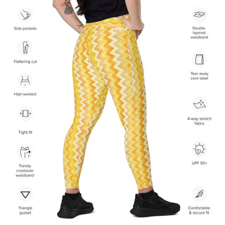 Leggings which shape, stretch, breathe - yellow zigzags with side pockets, crossover fit, and UPF 50+