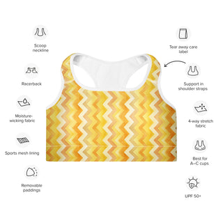 yellow zigzags scoop-neck sports bra - moisture-wicking, lined, and padded for soft racerback support