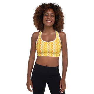yellow zigzags racerback sports bra- light, stretchy, made to move with joy, strength, and upbeat energy
