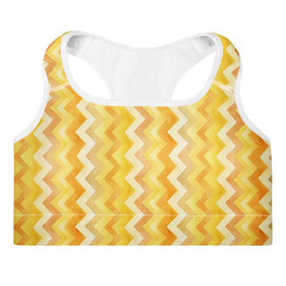 yellow zigzags scoop-neck sports bra - moisture-wicking, lined, and padded for soft racerback support