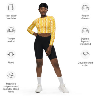 Athletic crop top with yellow zigzags - sleek fit with stretch and airflow for workouts and dynamic movement