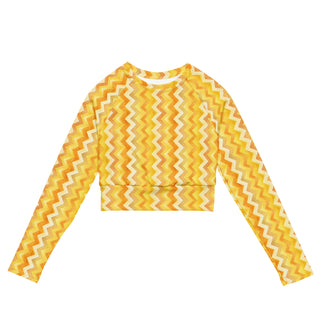 Stretchy crop top for yoga practice and flow - breathable fit with bold yellow zigzags for mindful movement
